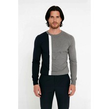 Ersefa Erkek Basic Siluet Bisiklet Yaka Renk Bloklu Uzun Kollu Fitted Kalıp Intersia Triko Kazak Kaliteli