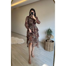 Neşeli Butik Kadın Leopar Desenli Kat Kat Volanlı Şifon Elbise NM014