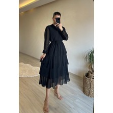 Neşeli Butik Kadın Kat Kat Volanlı Kuşaklı Midi Şifon Elbise NM004