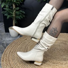 Mey Ayakkabı Düz Taş Topuklu Bej Çizme M4507