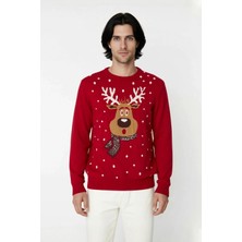 Ersefa Erkek Regular Fit Kalın Kırmızı Bisiklet Yaka Yılbaşı Temalı Kışlık Geyik Desenli Triko Kazak