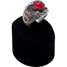 Oya Silver Oval Lal Taşlı Osmanlı Tuğra ve Ay Yıldız Gümüş Erkek Yüzük