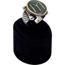 Oya Silver Iri Yuvarlak Haki Mine Üzerine Göktürkçe Iyi Yazılı Gümüş Erkek Yüzük