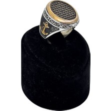 Oya Silver Oval Siyah Zirkon Taş Bezeli Çapa Motifli Gümüş Erkek Yüzük