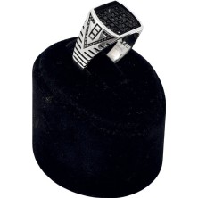 Oya Silver Siyah Zirkon Taş Bezeli Kare Gümüş Erkek Yüzük