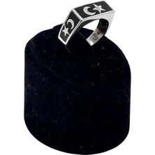 Oya Silver Ince Dikdörtgen Siyah Mine Üzeri Ay Yıldız Gümüş Erkek Yüzük