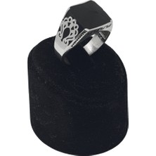 Oya Silver Mistik Desenli Siyah Mineli Kare Gümüş Erkek Yüzük