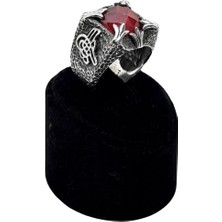 Oya Silver Kare Kesme Lal Taşlı Gümüş Erkek Yüzük