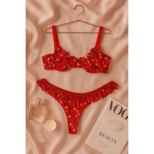 Kırmızı Çiçek Desenli Fırfırlı Tül Sütyen Külot Takımı