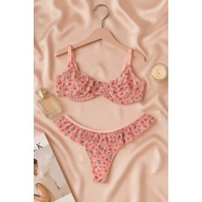 Pudra Çiçek Desenli Fırfırlı Tül Sütyen Külot Takımı