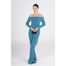 Pearl Turkuaz Omuz Açık Uzun Kollu Kuşaklı Tulum – Şık Duruşlu Kadın Abiye Tulum Gece & Davet Stili