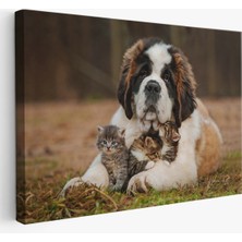 Miyrem-Premier Kanvas Serileri-  St. Bernard  Köpek ve Yavru Kediler Dekoratif Kanvas Tablo 1124