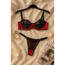 Kırmızı Siyah Dantelli Saten Sütyen Külot Takımı