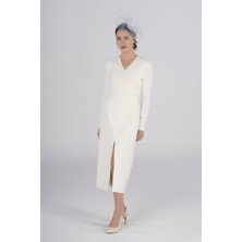 Pearl Kırık Beyaz Drapeli Midi Elbise – Rahat Formda Nikah & Özel Gün Elbisesi