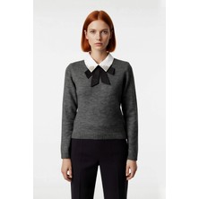 Ersefa Kadın Gömlek Yaka Görünümlü Nakış Detaylı Triko Kazak Standart Kollu Sonbahar Kış Stili Kaliteli