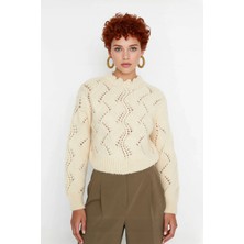 Ersefa Kadın Ekru Ajurlu Dik Yaka Uzun Kollu Regular Kalıp Süper Crop Triko Kazak Ilkbahar Sonbahar Şıklığı