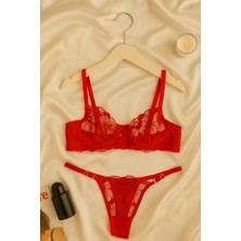 Kırmızı Dantelli Şeffaf Sütyen Külot Takımı