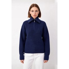 Ersefa Kadın Casual Regular Kalıp Selanik Dokuma Uzun Kollu Triko Kazak Fermuarlı Dik Yaka Soğuk Havalar