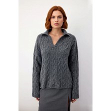 Ersefa Kadın Geniş Kalıp Düşük Kol Apaş Yaka Saç Örgü Triko Kazak Soğuk Günlerde Konforlu Kullanım Için