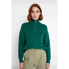 Ersefa Kadın Oversize Basic Dokulu Uzun Kollu Fermuarlı Dik Yaka Selanik Örgü Triko Kazak Kaliteli