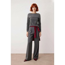 Ersefa Kadın Basic Regular Kalıp Uzun Kollu Çizgili Bisiklet Yaka Gri Triko Kazak Modeli Kaliteli