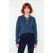 Ersefa Kadın Oversize Triko Polo Yaka Saç Örgü Düşük Kollu Rahat Kışlık Basic Stil Kazak Kaliteli