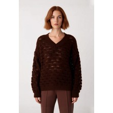 Ersefa Kadınlara Özel Oversize Dokulu V Yaka Triko Kazak Düşük Kol Rahat Kesim Ilkbahar Sonbahar Kaliteli