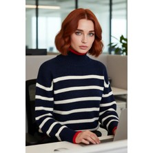FRM Konforlu Kadın Oversize Fit Dik Yaka Çizgili Triko Kazak Soğuk Havalar Için Ideal Model Kaliteli