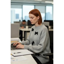 FRM Kadın Casual Relaxed Fit Triko Düşük Kol Fiyonklu Uzun Kollu Bisiklet Yaka Kış Kazak Kaliteli