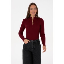 U.S. Polo Assn. Kadın Bordo V Yaka Fermuarlı Kazak 50316869-VR014