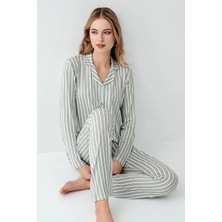 Arnetta 3408 Kadın Yesıl Uzun Kollu Önden Düğmeli Gömlek Pijama Takımı