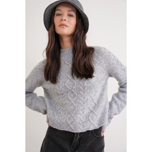 Mixray 6855 Kadın Dik Yaka Saç Örgülü Triko Kazak Gri