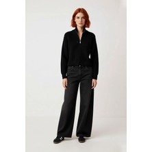 Ersefa Kadın Basic Oversize Düşük Uzun Kollu Crop Fermuarlı Dik Yaka Triko Kazak Kışlık Rahat Stiller