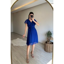 Neşeli Butik Kadın V Yaka Kuşaklı Mini Şifon Elbise NM007