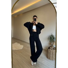 Neşeli Butik Kadın Fermuarlı Oversize Sweat ve Yüksek Bel Eşofman Takımı NM018