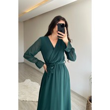 Neşeli Butik Kadın Uzun Kollu Kuşaklı Maxi Şifon Elbise NM001