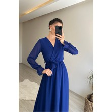 Neşeli Butik Kadın Uzun Kollu Kuşaklı Maxi Şifon Elbise NM001