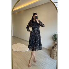 Neşeli Butik Kadın Gömlek Yaka Mermer Desen Kemerli Şifon Elbise NM023