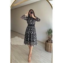 Neşeli Butik Kadın Yaka Lastikli Geometrik Desen Midi Şifon Elbise NM021