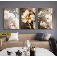 Harikabirev|gold Soft Detaylar Manolya Çiçek Kombini |çerçeveli Cam Tablo  3lü Dikey