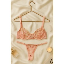 Pudra Çiçek Desenli Sütyen Külot Takımı