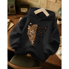 Amor Face Büyük Beden Özel Tasarım Kapüşonlu Leopar Baskılı 3 Iplik Modern Kadın Sweatshırt