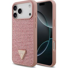 iPhone 17 Pro Max Uyumlu Kılıf Guess Orjinal Lisanslı Taşlı Arka Yüzey Üçgen Logolu Kapak Pembe
