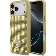 iPhone 17 Pro Max Uyumlu Kılıf Guess Orjinal Lisanslı Taşlı Arka Yüzey Üçgen Logolu Kapak Gold