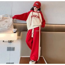 Kids Face Özel Tasarım Kapüşonlu Marin Baskılı Şerit Dikişli Ispanyol Paça Kız Çocuk Hip Hop Kışlık Eşofman Takımı