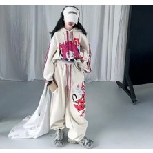 Kids Face Özel Tasarım Fuşya Şeritli Süper Oversize Kışlık Dünya Modası Hip Hop Kız Çocuk Eşofman Takımı