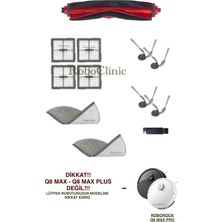 Roboclinic Roborock Q8 Max Pro Robot Süpürge ile Uyumlu Yedek Ana Fırça, Yan Fırça, Hepa Filtre, Mop - 12 Parça