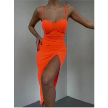 Morliva Ip Askılı Gloplu & Yırtmaçlı Turuncu Midi Elbise