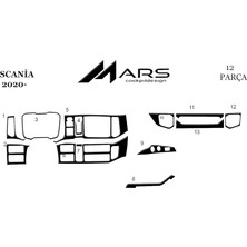 Mars Cockpit Design Scania R Konsol-Torpido Kaplama 2020- 12 Parça Piano Black