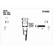 Mars Cockpit Design Volvo S70 / V70 Uyumlu Konsol-Torpido Kaplama 1997-2000 13 Parç Piano Black